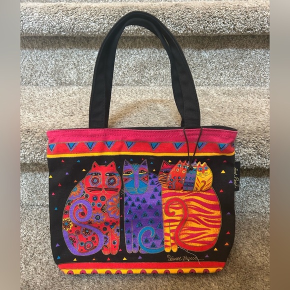 Vintage Laurel Burch Feline Friends 3 Cats Tote. With wooden charm. Zip top. - Picture 1 of 14